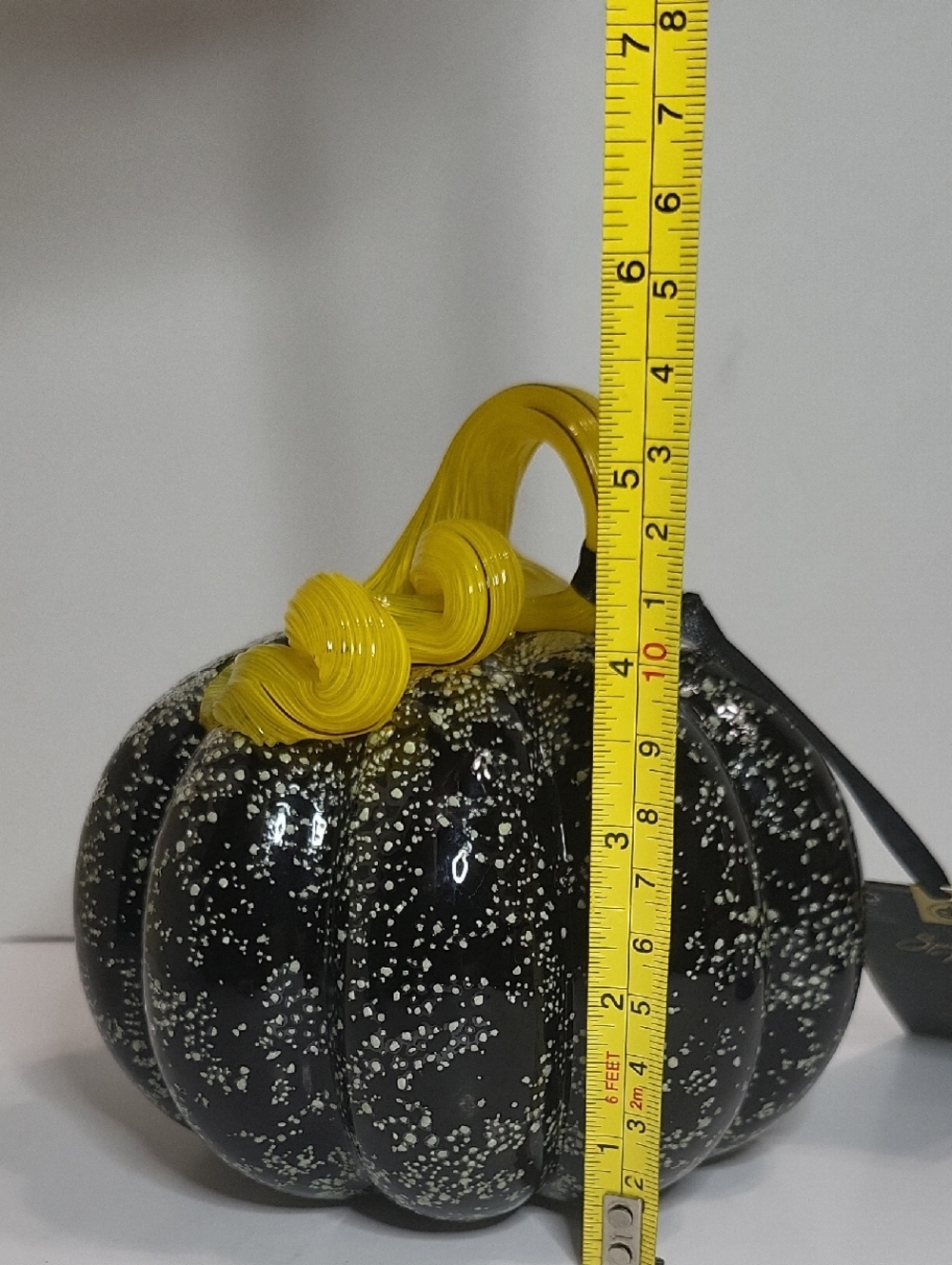 Decorative Glow In The Dark Black Glass Pumpkin with Yellow Stem - Picture 4 of 7